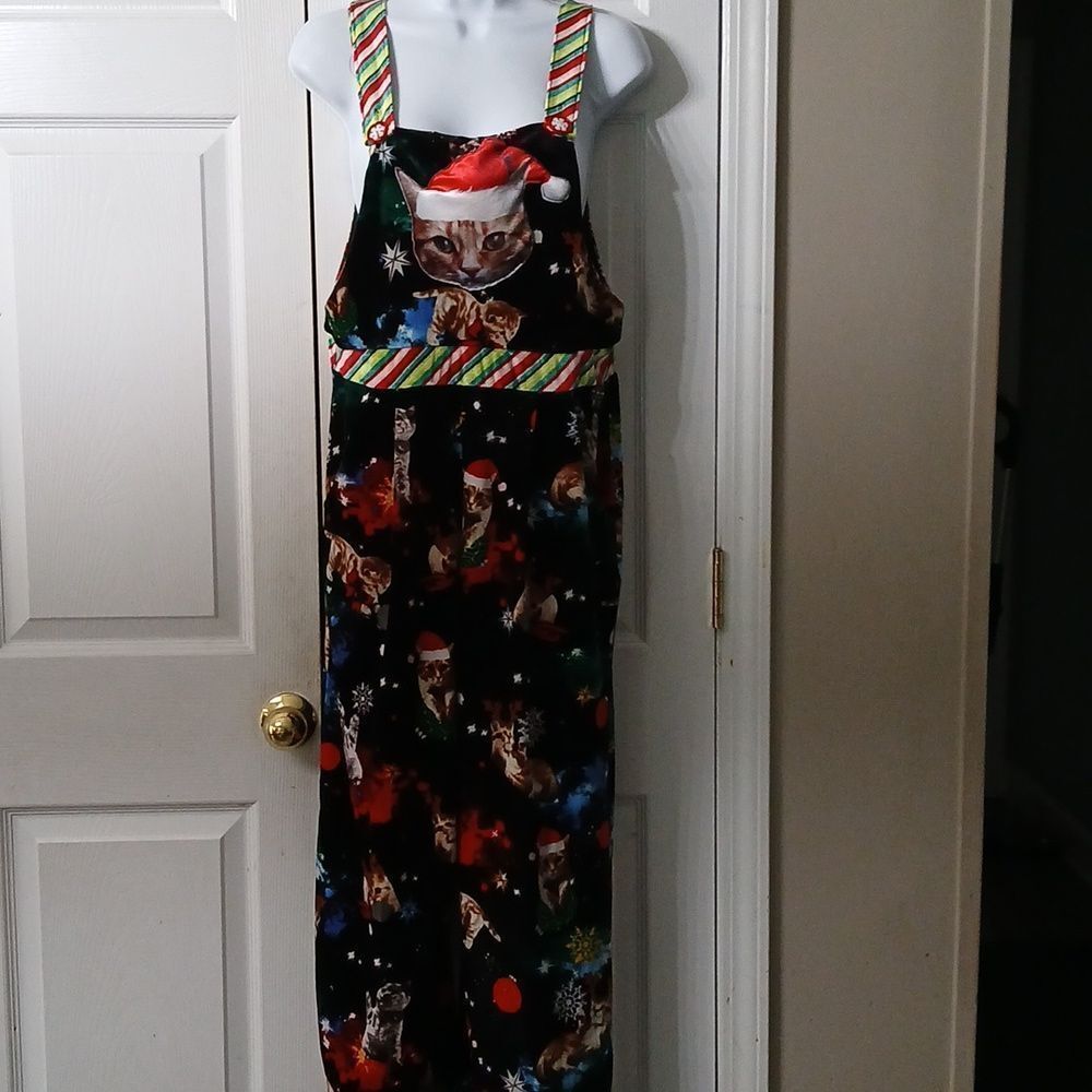 Christmas cat kitten ugly chirstmas party holiday overalls  Sz M 7-9 NWOT
